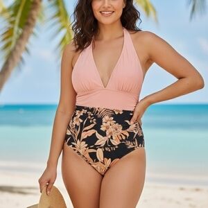 Floral Pink and Black Kids One Piece Swimsuit